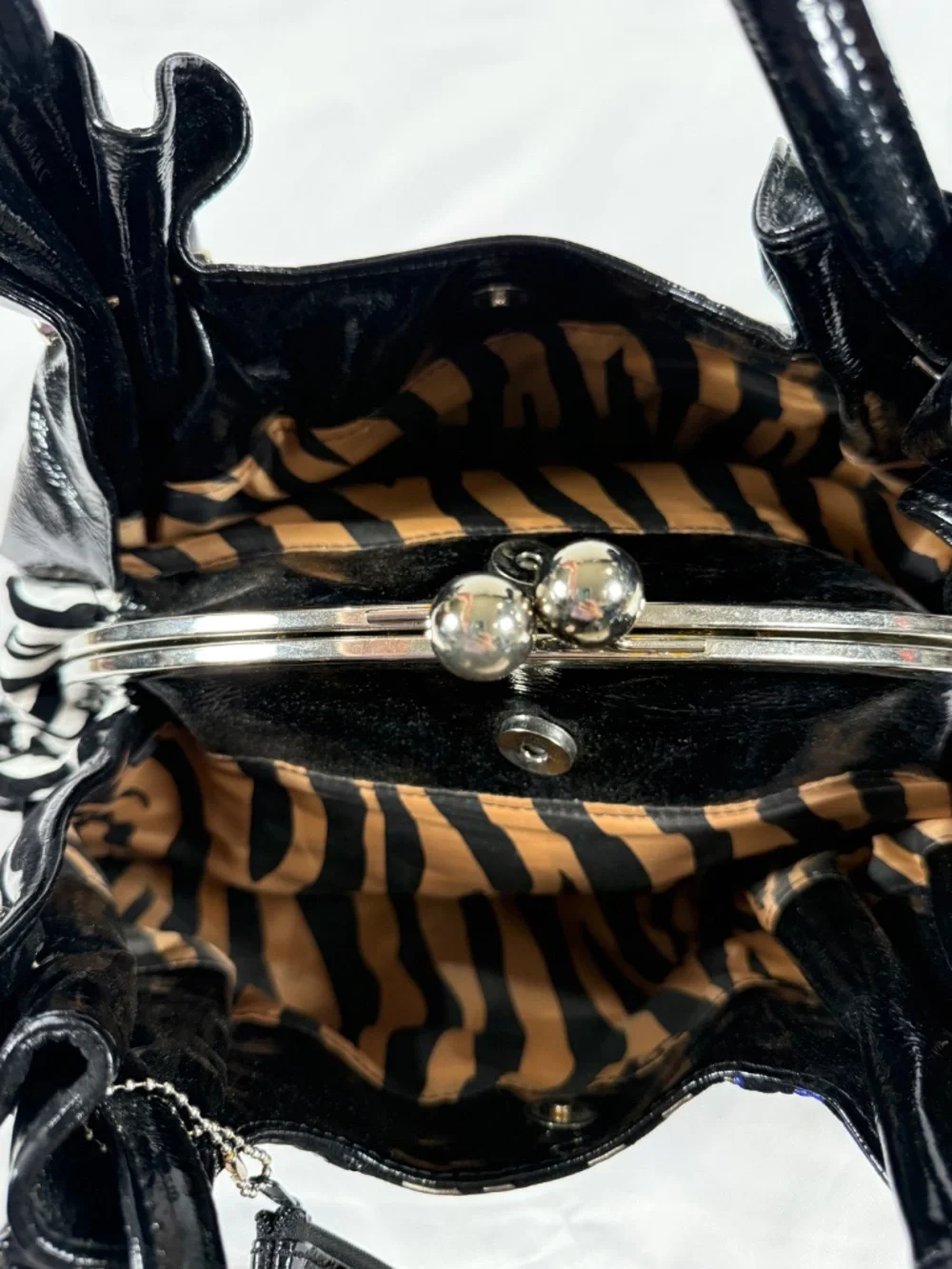 Y2K Zebra Print Kiss Lock Satchel Glam Statement Handbag